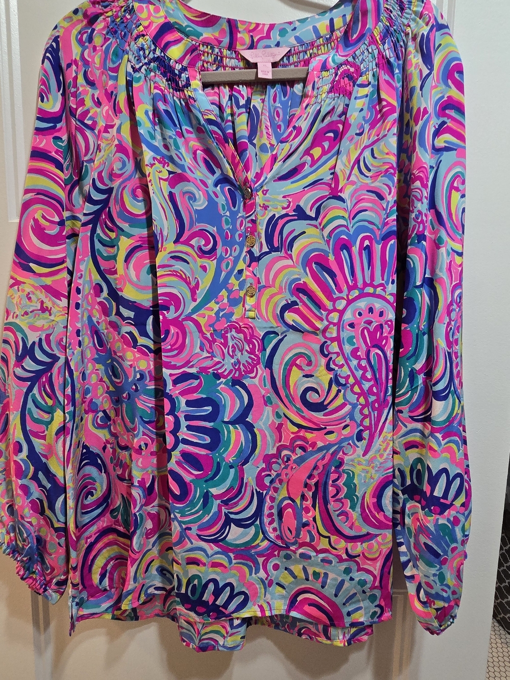 Lilly Pulitzer Pink Blue Paisley-Print Long Sleeve Elsa Blouse Size XL